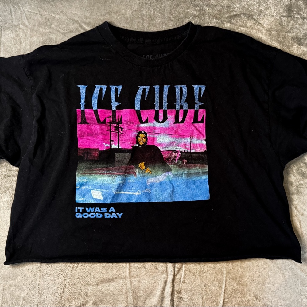 Women’s Ice Cube Black Graphic Cropped Tee with Pink and Blue Design